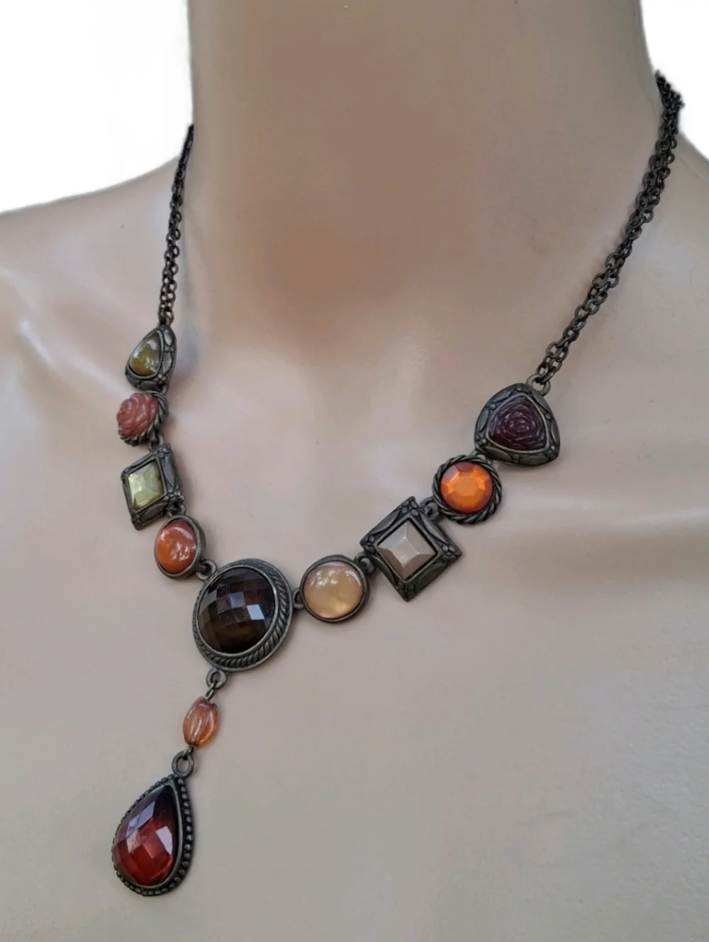 Vintage Earth Tone Mixed Media Statement Necklace - Bronze Tone Goth Romantic - Picture 2 of 9